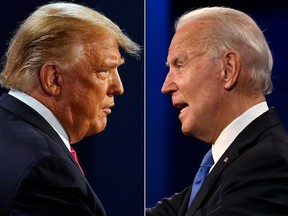 This combination of pictures created on October 22, 2020 shows US President Donald Trump (L) and Democratic Presidential candidate and former US Vice President Joe Biden during the final presidential debate at Belmont University in Nashville, Tennessee, on October 22, 2020.