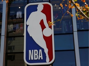 An NBA logo is seen on the facade of its flagship store at the Wangfujing shopping street in Beijing, China October 8, 2019.