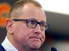 Flames general manager Brad Treliving speaks to media on the stoppage of the NHL and the death of Ken King at the Scotiabank Saddledome in Calgary on Thursday, March 12, 2020. Darren Makowichuk/Postmedia