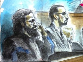 Chiheb Esseghaier, left, and Raed Jaser in 361 University Ave. court Jan. 29, 2015. (Sketch by Pam Davies /Toronto Sun_