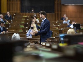 Prime Minister Justin Trudeau rises during Question Period in the House of Commons on Parliament Hill, in Ottawa, Tuesday, Sept. 29, 2020.