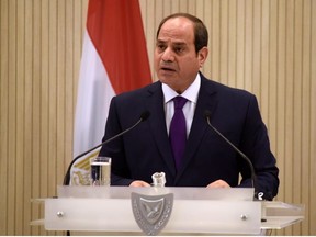 Egyptian President Abdel Fattah al-Sisi speaks during a joint press conference with Cypriot President Nicos Anastasiades and Greek Prime Minister Kyriakos Mitsotakis after a trilateral summit between Greece, Cyprus and Egypt, at the Presidential Palace in Nicosia, Cyprus October 21, 2020.