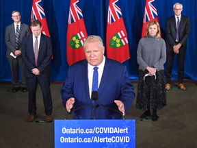 Ontario Premier Doug Ford holds a press conference with his medical team regarding new restrictions at Queen's Park during the COVID-19 pandemic in Toronto on Friday, October 2, 2020.