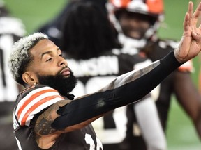 Cleveland Browns wide receiver Odell Beckham Jr. holds up four fingers to signify four wins for the Browns late in the fourth quarter against the Indianapolis Colts at FirstEnergy Stadium.