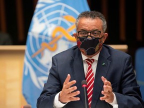 Tedros Adhanom Ghebreyesus, Director General of the World Health Organization (WHO) attends a session on the coronavirus disease (COVID-19) outbreak response of the WHO Executive Board in Geneva, Switzerland, October 5, 2020.