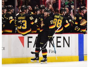 Dec 7, 2019; Vancouver, British Columbia, CAN; Vancouver Canucks forward Josh Leivo (17) celebrates his goal against the Buffalo Sabres during the second period at Rogers Arena. Mandatory Credit: Anne-Marie Sorvin-USA TODAY Sports ORG XMIT: USATSI-405446