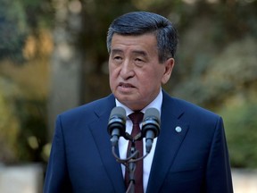 Kyrgyzstan's President Sooronbai Jeenbekov speaks after a vote at a parliamentary elections in Bishkek, Kyrgyzstan October 4, 2020.