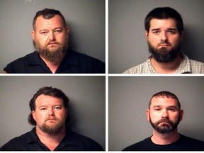 A combination of Antrim County Sheriff's Office police mugshots shows William Null, Eric Molitor,  Michael Null and Shawn Fix, four of thirteen men arrested on Oct. 7, 2020 on charges of conspiring to kidnap the Michigan governor, attack the state legislature and threaten law enforcement.