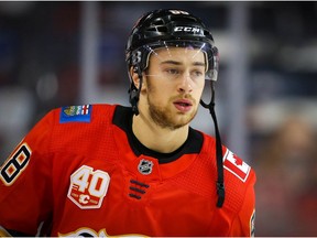 Calgary Flames Andrew Mangiapane during warm-up before facing the Colorado Avalanche during NHL hockey in Calgary on Tuesday November 19, 2019. Al Charest / Postmedia