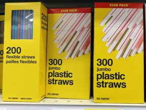 Plastic straws for sale at a Real Canadian Superstore in Calgary are seen Wednesday, Oct. 7, 2020. Canada is banning plastic bags, straws, cutlery and other single-use items by the end of 2021.