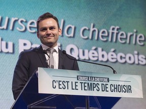 Parti Quebecois leadership candidate Paul St-Pierre-Plamondon speaks to supporters before hearing the leadership results, Friday, October 7, 2016 in Levis, Que.