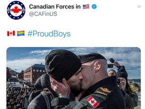 A tweet featuring a photograph of a Canadian Forces sailor kissing his partner on his return home in Victoria, B.C. in 2016, which was posted by the U.S-based Canadian Defence Liaison Staff in response to the Proud Boys hashtag that saw many prominent gay Twitter users send out photos of same sex couples, is seen on the @CAFinUS (Canadian Armed Forces working in the United States) account Oct. 4, 2020.