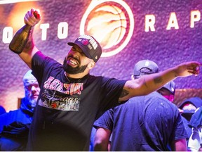 Rapper Drake celebrating theToronto Raptors victory over the Golden State Warriors in the NBA Finals at Jurassic Park outside of the Scotiabank Arena in Toronto, Ont. on Thursday June 13, 2019.