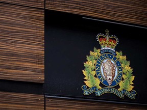 The RCMP logo is seen outside Royal Canadian Mounted Police "E" Division Headquarters, in Surrey, B.C., on Friday April 13, 2018.