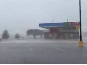 A street is seen during Hurricane Delta in Jennings, Louisiana, U.S. October 10, 2020, in this still image taken from a social media video.