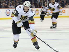 Vegas Golden Knights forward Tomas Nosek eyes a shot against the Winnipeg Jets in Winnipeg on Tues., Jan. 15, 2019.