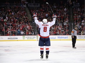 Alex Ovechkin of the Washington Capitals celebrates his goal at 4:50 of the third period against the New Jersey Devils at the Prudential Center on Feb. 22, 2020 in Newark, New Jersey. With the goal, Ovechkin became the eight player in NHL history to score 700 goals.