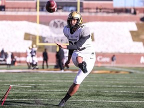 Sarah Fuller of the Vanderbilt Commodores warms up on the field prior to a game against the Mizzou Tigers at Memorial Stadium on November 28, 2020 in Columbia, Missouri.