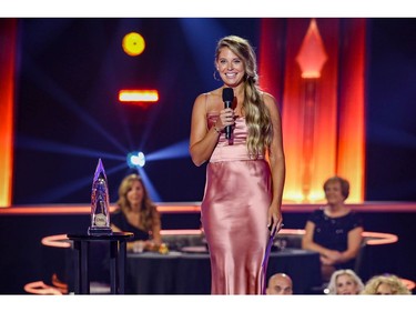 Lauren Akins speaks onstage during the The 54th Annual CMA Awards at Nashville's Music City Center on Wednesday, Nov. 11, 2020 in Nashville, Tennessee.