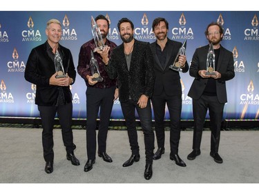 Left to right: Trevor Rosen, Brad Tursi, Matthew Ramsey, Geoff Sprung, and Whit Sellers of Old Dominion attend the 54th annual CMA Awards at the Music City Center on Nov. 11, 2020 in Nashville, Tennessee.