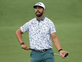 Erik van Rooyen of South Africa reacts to a putt on the second hole during the first round of the Masters at Augusta National Golf Club on November 12, 2020 in Augusta, Georgia.