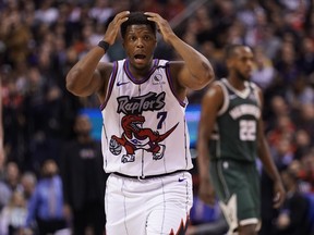 Toronto Raptors guard Kyle Lowry reacts to a call.