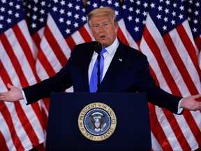 U.S. President Donald Trump speaks about early results from the presidential election in the East Room of the White House in Washington, Nov. 3, 2020.