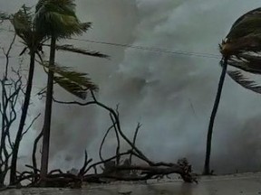 Hurricane Iota makes landfall in San Andres, Colombia, November 16, 2020, in this still image from video obtained via social media.