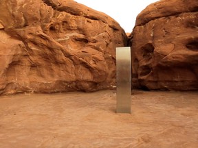A metal monolith is seen in Red Rock Desert, Utah, U.S., November 25, 2020, in this still image obtained from a social media video.