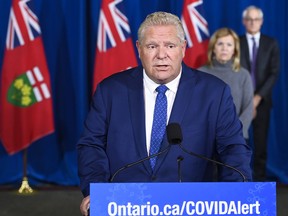 Ontario Premier Doug Ford holds a press conference during the COVID-19 pandemic in Toronto on Friday, Oct. 2, 2020.