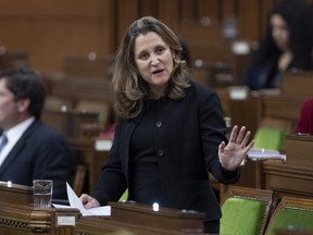Deputy Prime Minister and Minister of Finance Chrystia Freeland responds to a question during Question Period in the House of Commons Monday Nov. 23, 2020 in Ottawa.