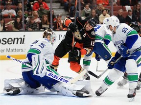 Vancouver Canucks' netminder Jacob Markstrom makes a pad save on Ryan Getzlaf of the Anaheim Ducks during NHL action in Anaheim, Calif.