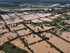 Aerial view of a flooded area due to the heavy rains caused by Hurricane Eta, now degraded to a tropical storm, in Machaca village Puerto Barrios, Izabal, north Guatemala City on Nov. 5, 2020.