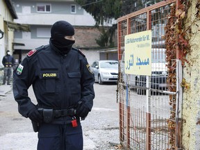 This photo taken on November 9, 2020 in Graz, Austria, shows the Liga Kulturverein, where a police raid, dubbed Operation Luxor, took place in the early morning.