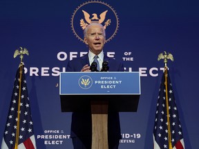 U.S. President-elect Joe Biden speaks to reporters about efforts to confront the coronavirus disease after meeting with members of his Transition COVID-19 Advisory Board in Wilmington, Delaware, November 9, 2020.
