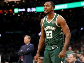 Sterling Brown of the Milwaukee Bucks celebrates during Game 4 of the Eastern Conference Semifinals against the Boston Celtics during the NBA Playoffs at TD Garden on May 6, 2019 in Boston.