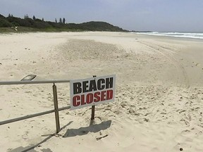 This Nov. 7, 2018, image made from video shows the beach where a shark attack occurred in Ballina, Australia.