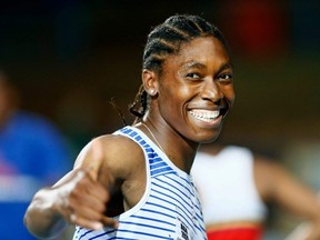 South African 800-metre Olympic champion Caster Semenya reacts after winning the women's 200m final during the Athletics Gauteng North Championships at the LC de Villiers Athletics Stadium in Pretoria, March 13, 2020.