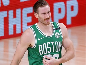 Gordon Hayward of the Boston Celtics reacts to a foul during the third quarter against the Miami Heat in Game Four of the Eastern Conference Finals during the 2020 NBA Playoffs at AdventHealth Arena at the ESPN Wide World Of Sports Complex on Sept. 23, 2020 in Lake Buena Vista, Florida.