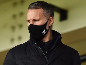 Ryan Giggs co owner of Salford City and Wales manager look on in the stands during the Sky Bet League Two match between Port Vale and Salford City at Vale Park on Oct. 17, 2020 in Burslem, England.