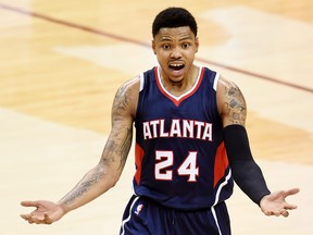Kent Bazemore of the Atlanta Hawks reacts after being called for a foul in the second quarter during Game Three of the Eastern Conference Finals of the 2015 NBA Playoffs at Quicken Loans Arena on May 24, 2015 in Cleveland, Ohio.