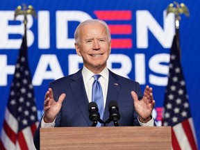 U.S. Democratic presidential nominee Joe Biden speaks about election results in Wilmington, Delaware, Friday, Nov. 6, 2020.