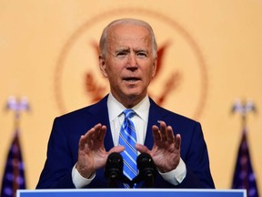 U.S. President-elect Joe Biden delivers a Thanksgiving address at the Queen Theatre in Wilmington, Del., Wednesday, Nov. 25, 2020.