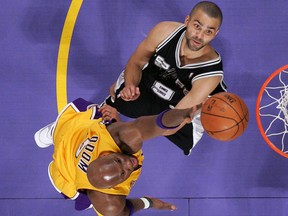 Lamar Odom of the Los Angeles Lakers goes up for a shot on Tony Parker of the San Antonio Spurs on May 29, 2008 at Staples Center in Los Angeles.