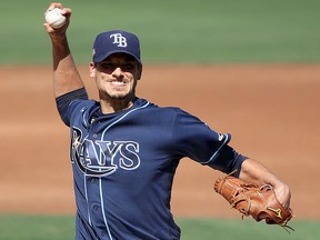 Charlie Morton of the Tampa Bay Rays delivers a pitch against the Houston Astros during Game 2 of the American League Championship Series at PETCO Park on October 12, 2020 in San Diego.