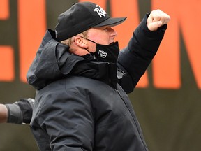 Las Vegas Raiders head coach Jon Gruden celebrates after the Raiders beat the Cleveland Browns at FirstEnergy Stadium.