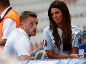 England's Jamie Vardy with wife Rebekah at the end of the EURO 2016 match between England and Iceland at Stade de Nice, in Nice, France, June 16, 2016.