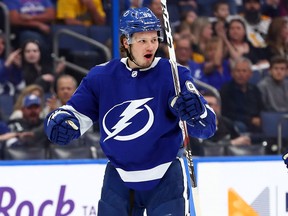 Tampa Bay Lightning defenceman Mikhail Sergachev celebrates during a game against the Pittsburgh Penguins at Amalie Arena.