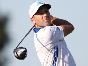 Sergio Garcia plays his shot from the tee during the Houston Open at Memorial Park Golf Course on November 6, 2020 in Houston.