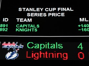 The betting line for the Stanley Cup Final series shows the Vegas Golden Knights favoured over the Washington at the Westgate Las Vegas on May 23, 2018 in Las Vegas.